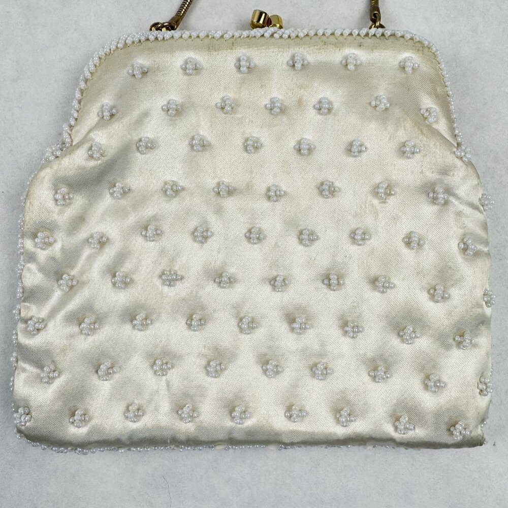 Vintage Womens White Beaded Geometric Floral Evening Bag Small Clutch Purse HK - Picture 5 of 12